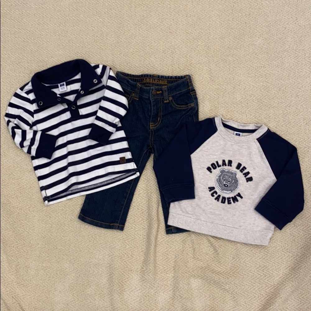 Janie and Jack 12-18m jeans and two shirts